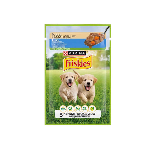 Hrană umedă pentru câini PURINA Friskies Junior cu pui și morcovi în sos 85 g