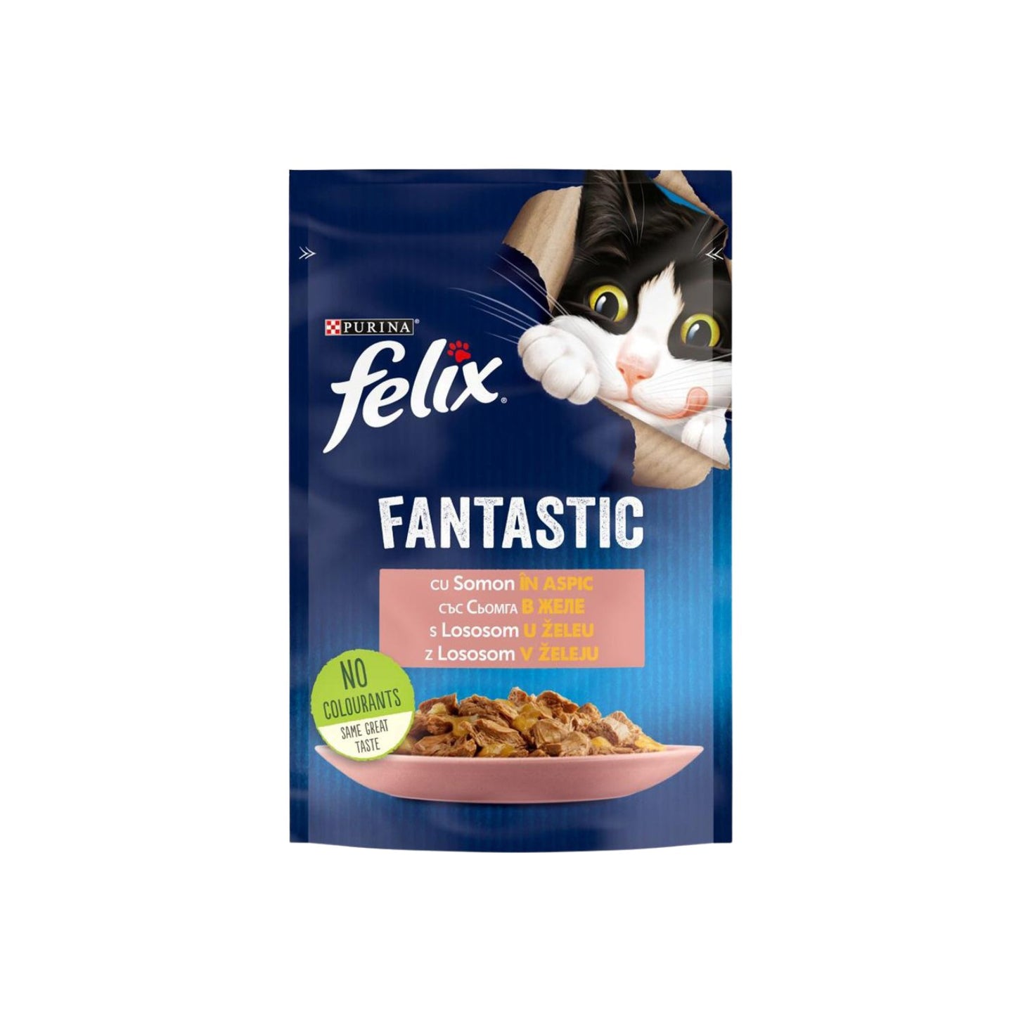 Hrana umeda pentru pisici, Felix Fantastic, adult, somon in aspic, 85g