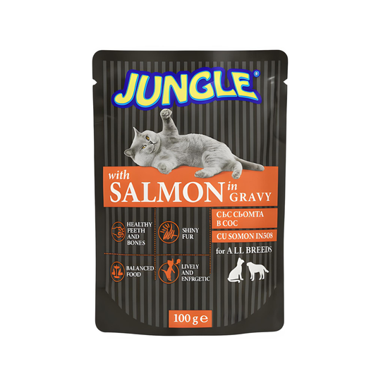 Hrană umeda Jungle pentru pisici adulte cu somon în sos , 100 g