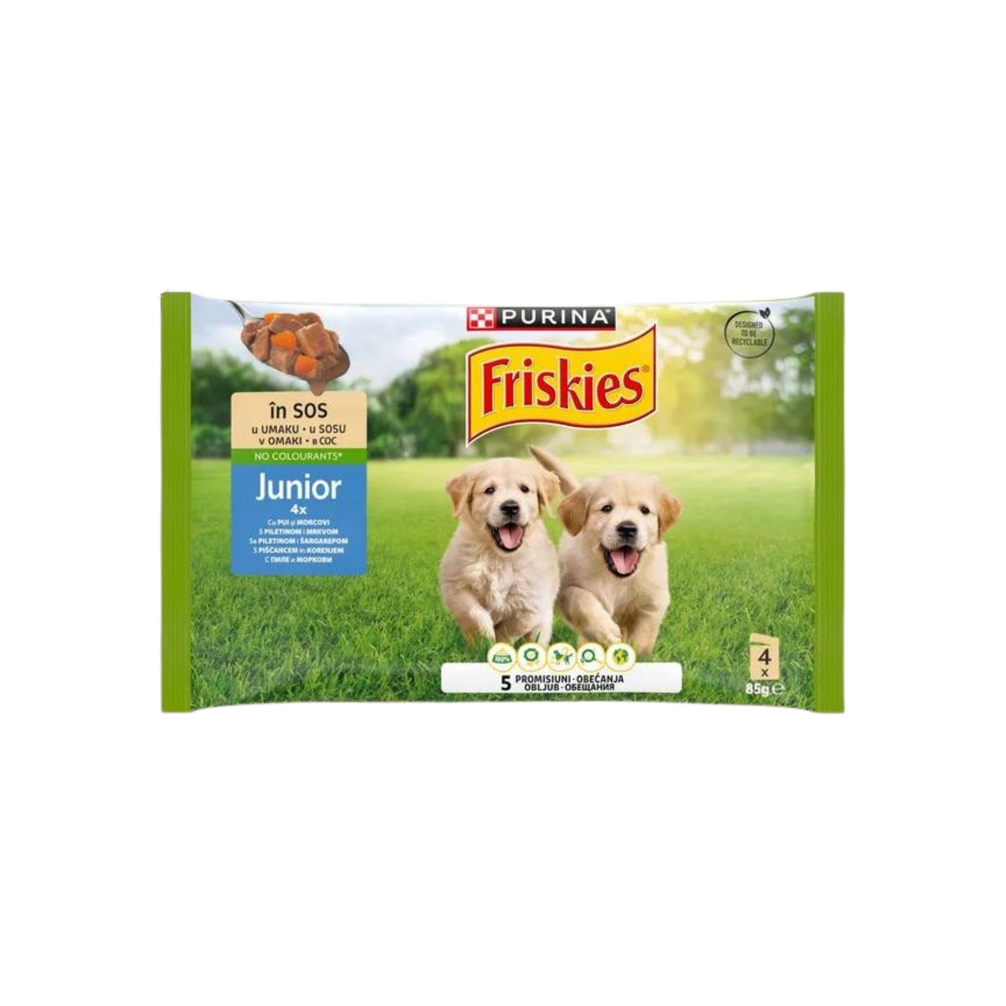 Hrana umeda pentru caini, PURINA® FRISKIES® Junior pachet mixt cu Pui si Morcovi in Sos, 4x85g
