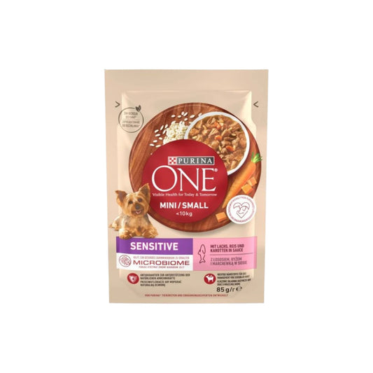 Hrana umeda pentru caini, PURINA ONE MINI SENSITIVE, cu Somon, Orez si Morcovi in sos 85 g