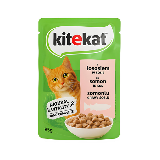 Hrana umeda pentru pisici Kitekat, bucatele de somon in sos suculent 85 g