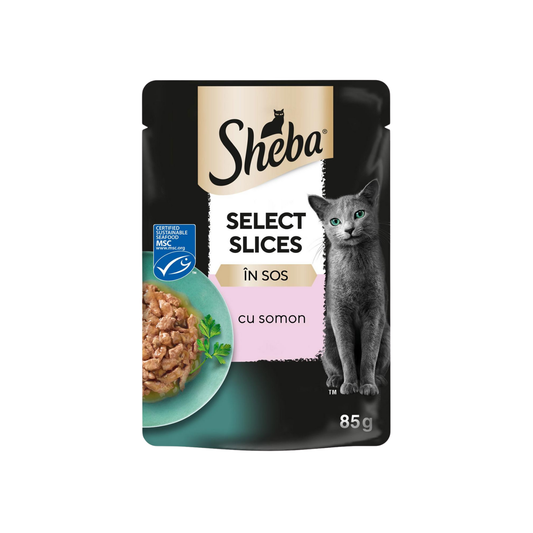 SHEBA Select Slices, Somon, plic hrană umedă pisici, (în sos), 85g