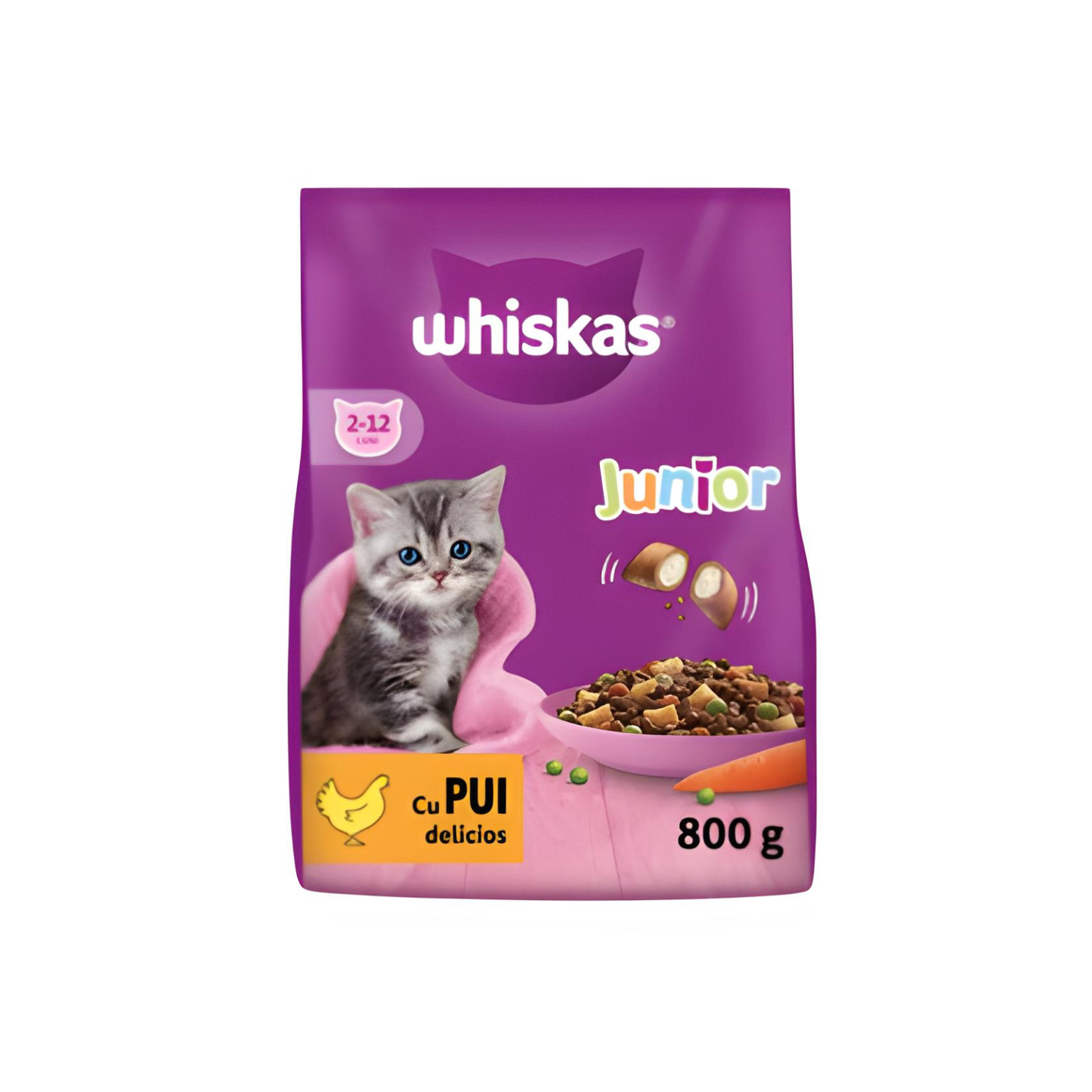 Hrana uscata pentru pisici, Whiskas Junior, junior, carne de pui, 800g