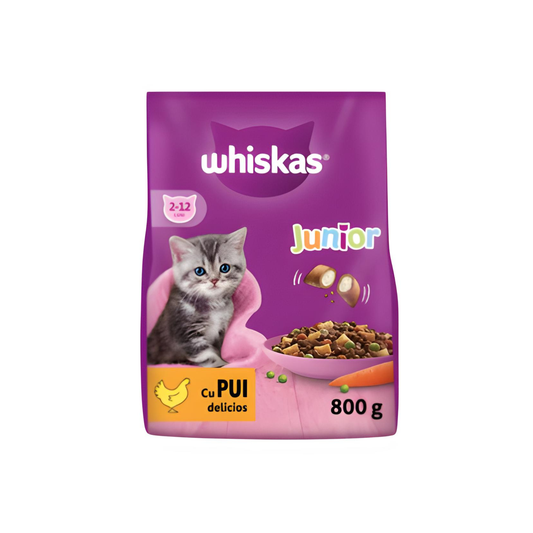 Hrana uscata pentru pisici, Whiskas Junior, junior, carne de pui, 800g